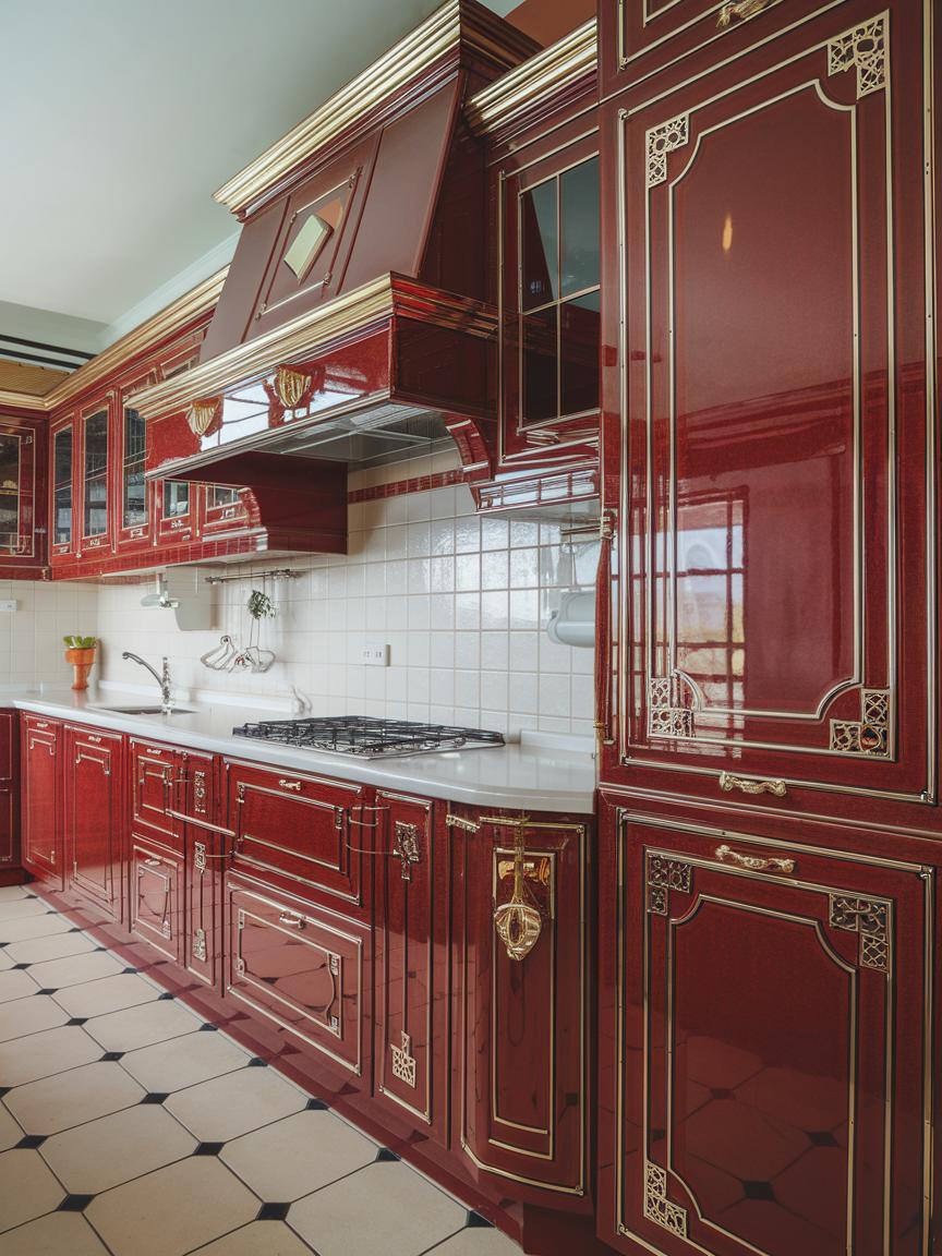 High-Gloss Red Cabinets with Metallic Accents