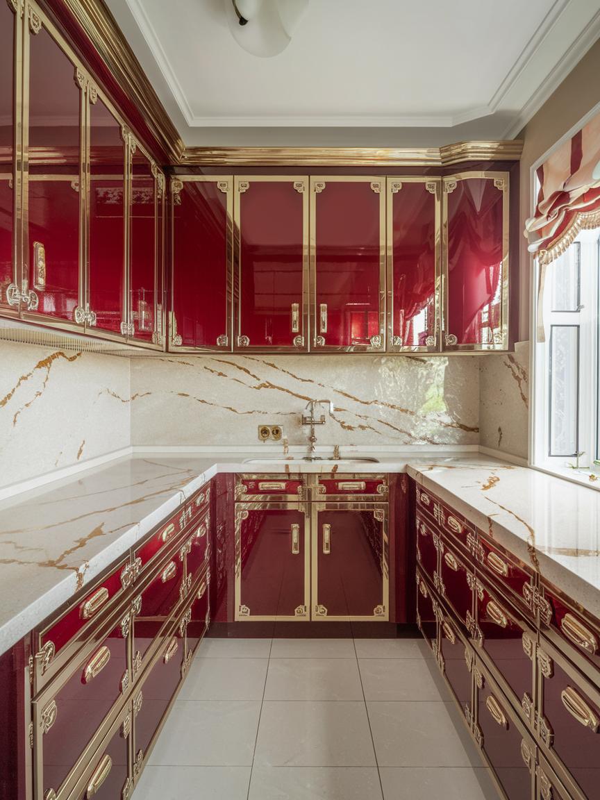 High-Gloss Red Cabinets with Metallic Accents