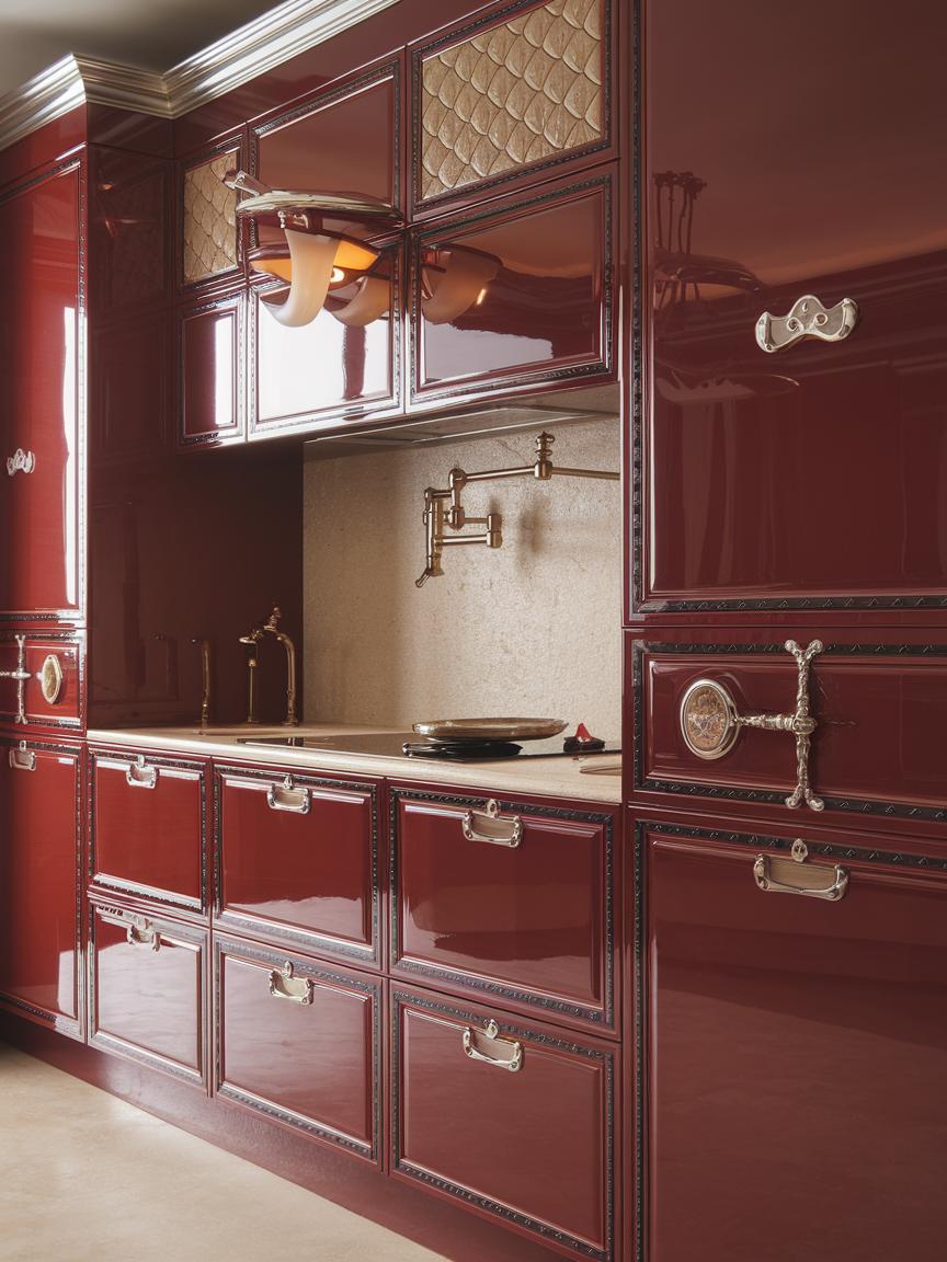 High-Gloss Red Cabinets with Metallic Accents