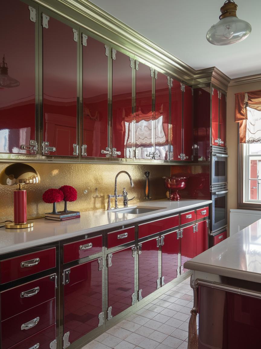 High-Gloss Red Cabinets with Metallic Accents