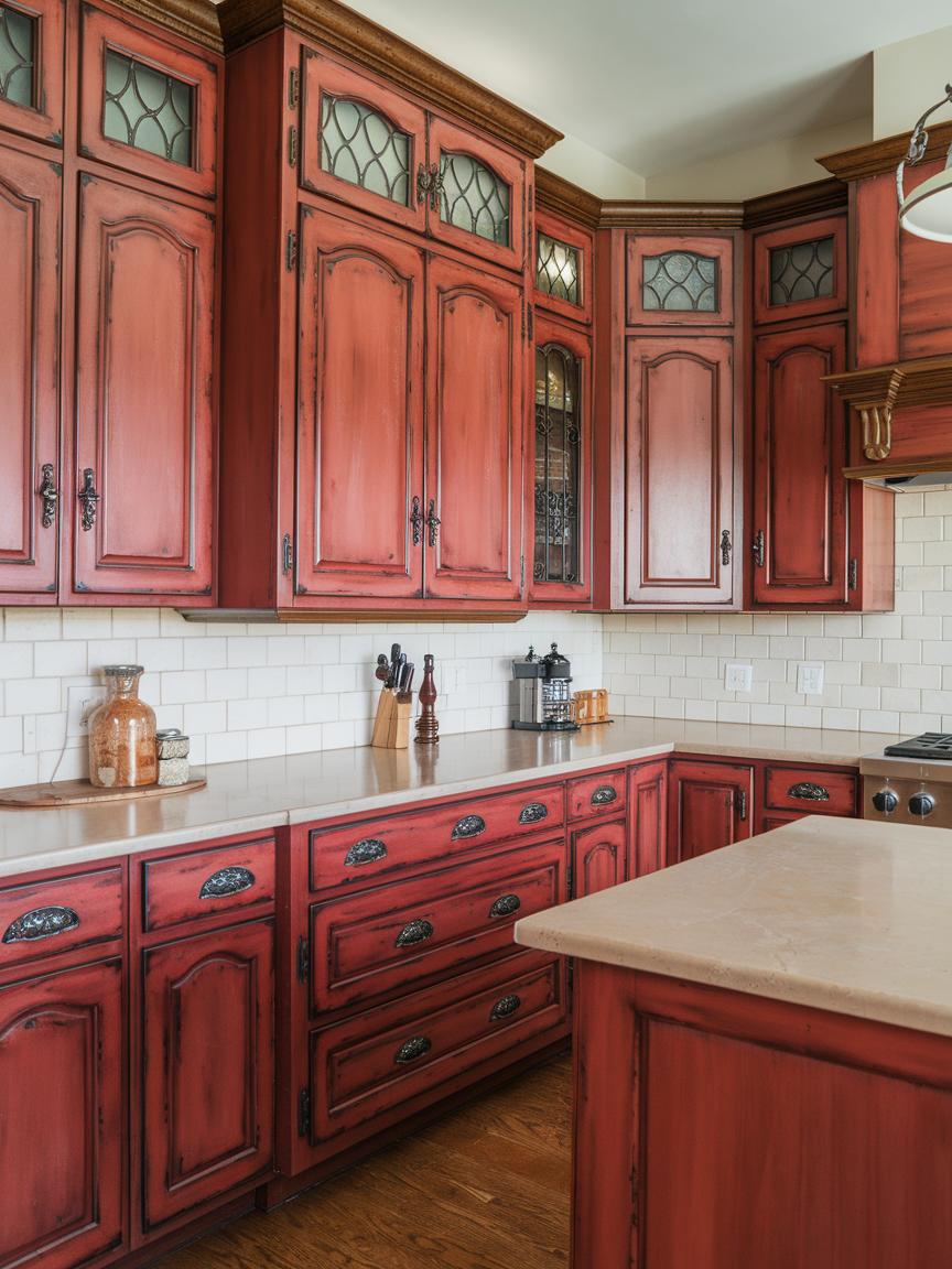 Painted Red Cabinets with Antique Finishes
