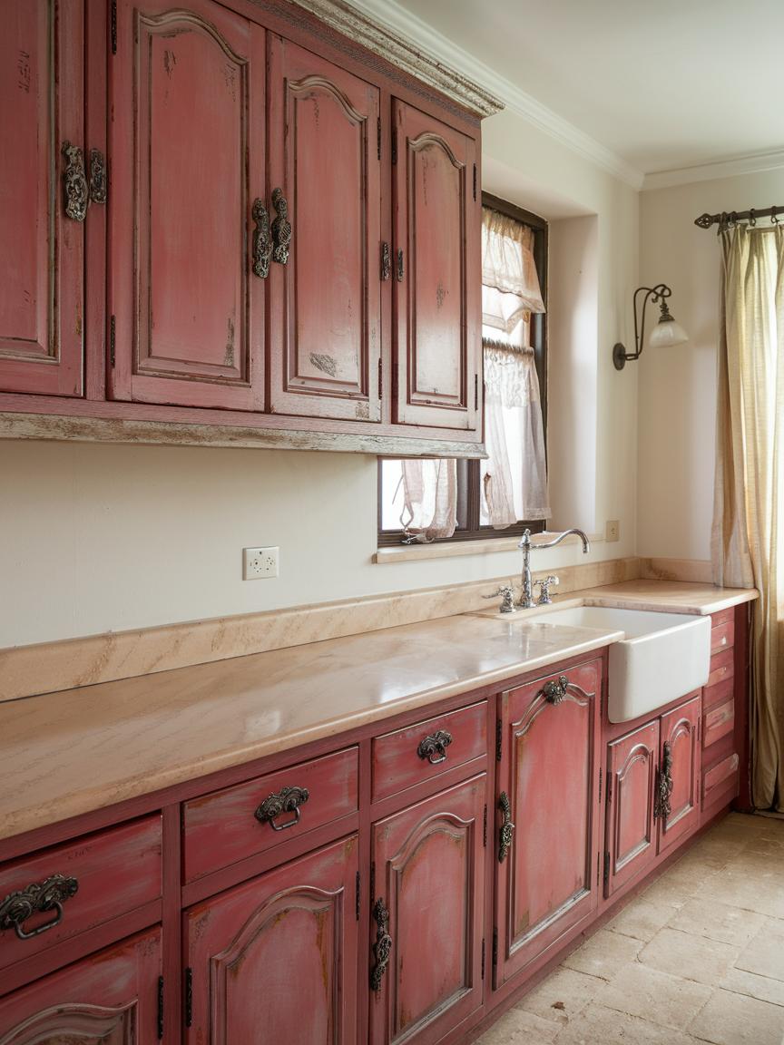 Painted Red Cabinets with Antique Finishes