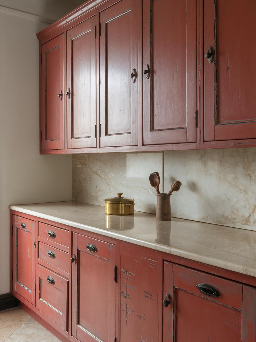 Painted Red Cabinets with Antique Finishes