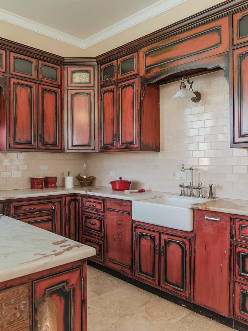 Painted Red Cabinets with Antique Finishes
