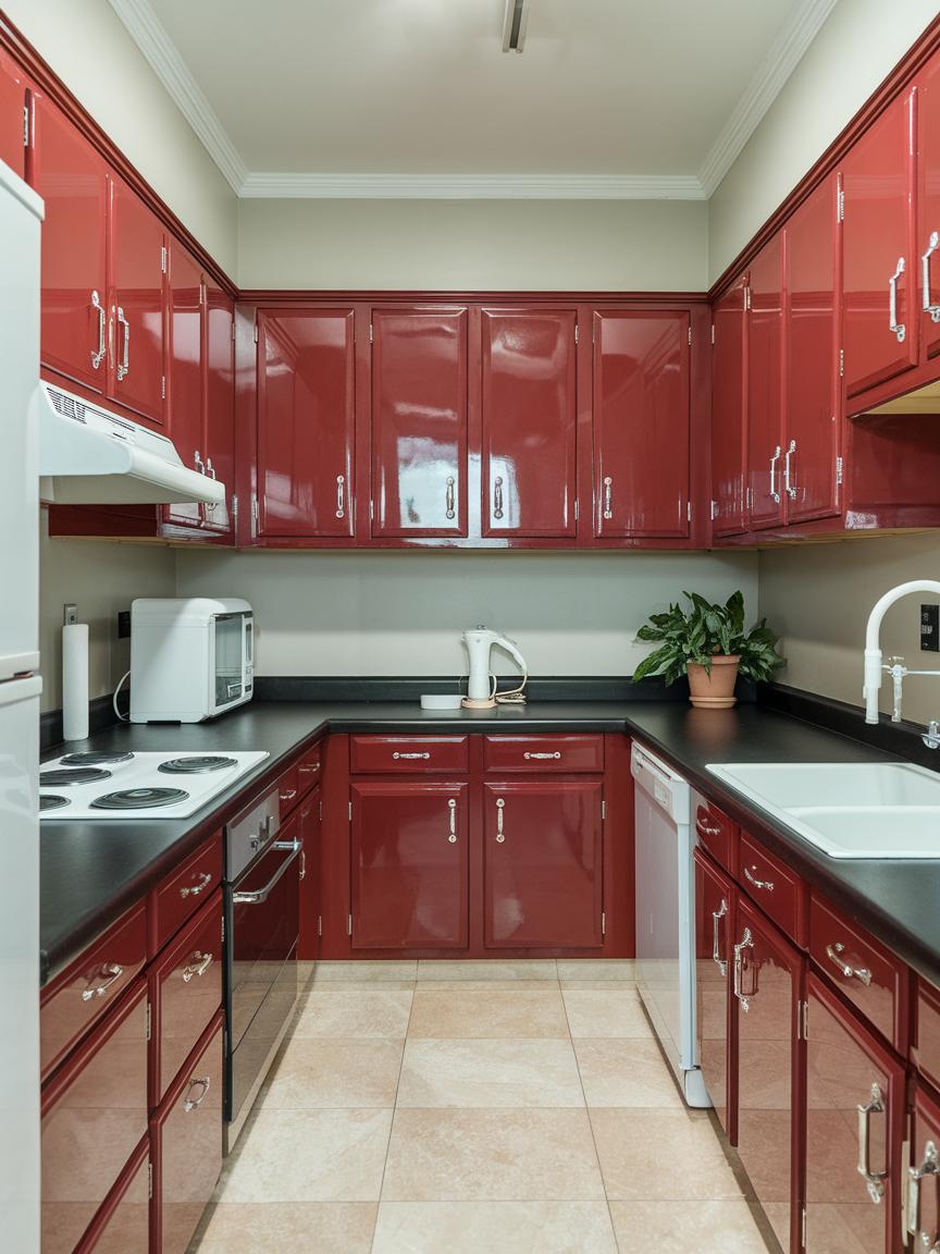 Red Cabinets with Black Countertops