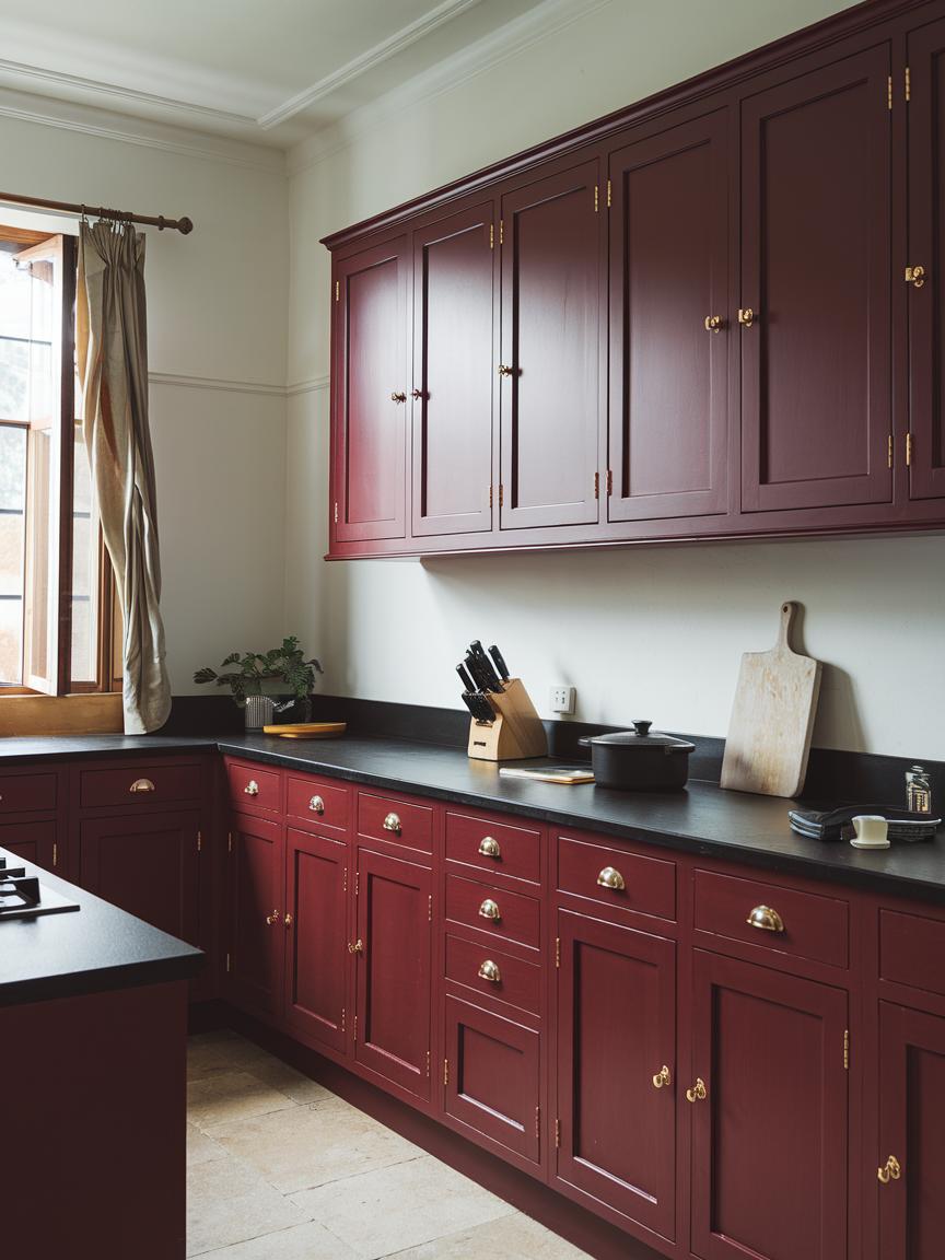 Red Cabinets with Black Countertops