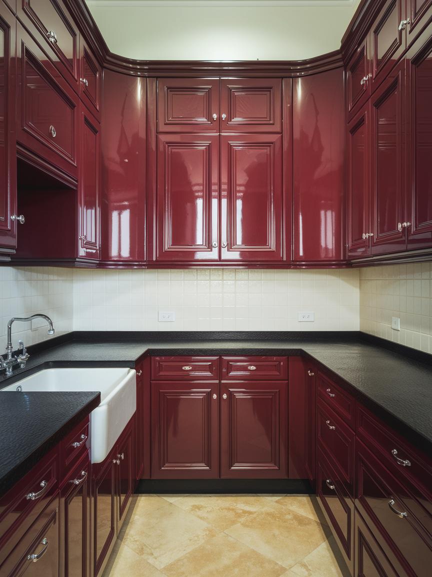 Red Cabinets with Black Countertops