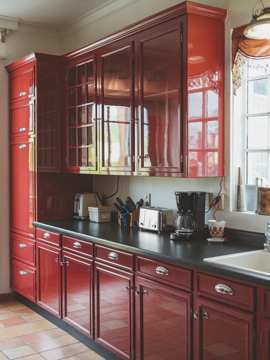 Red Cabinets with Black Countertops