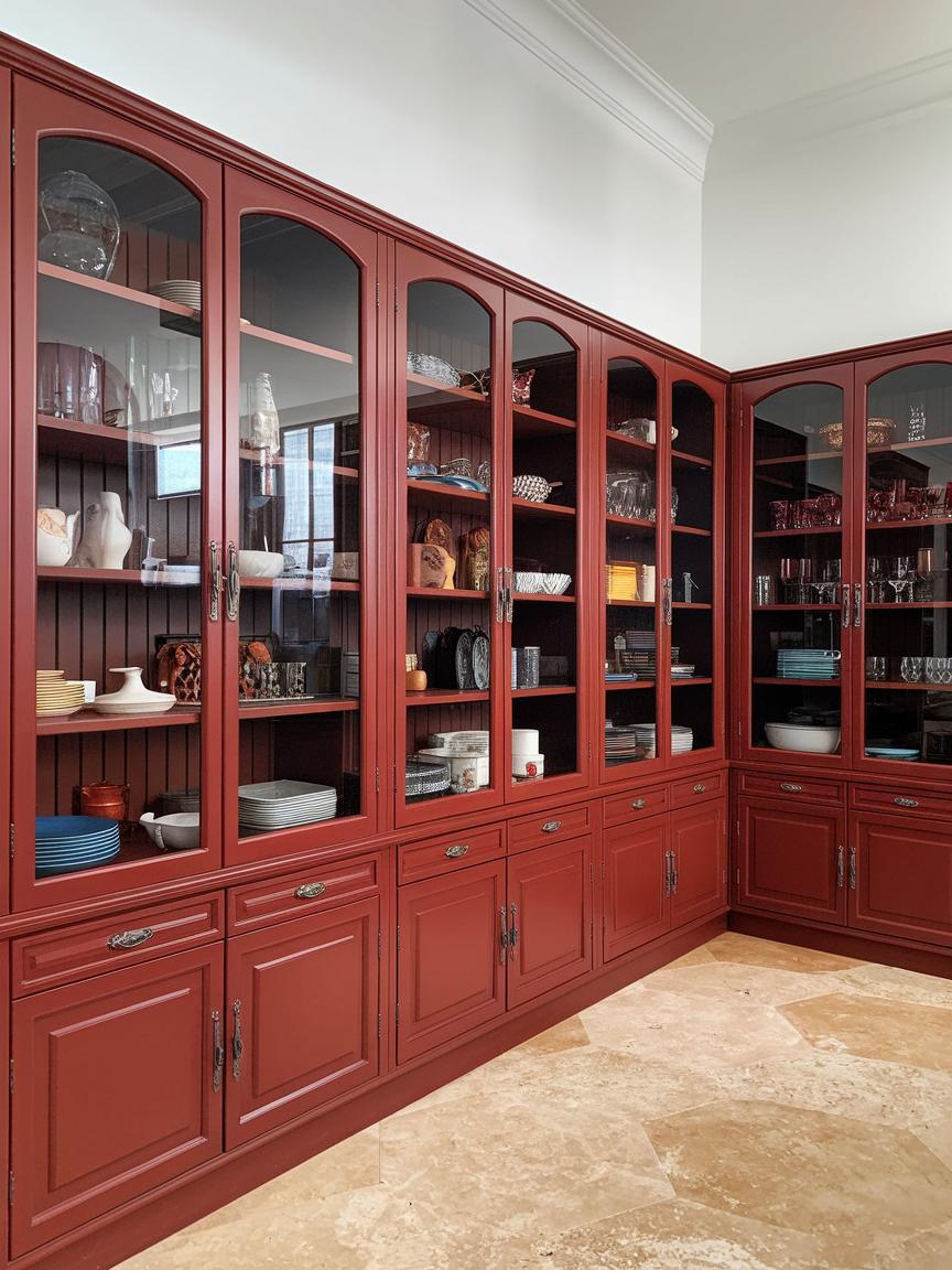 Red Cabinets with Glass Doors