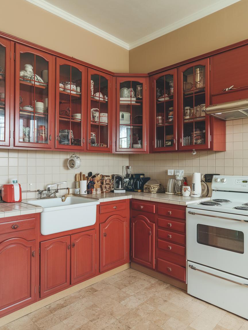 Red Cabinets with Glass Doors