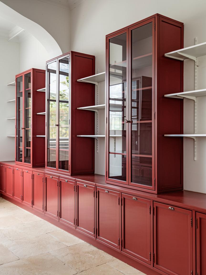 Red Cabinets with Glass Doors