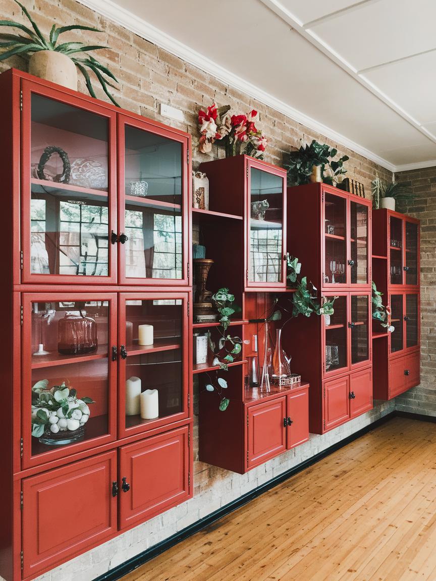 Red Cabinets with Glass Doors