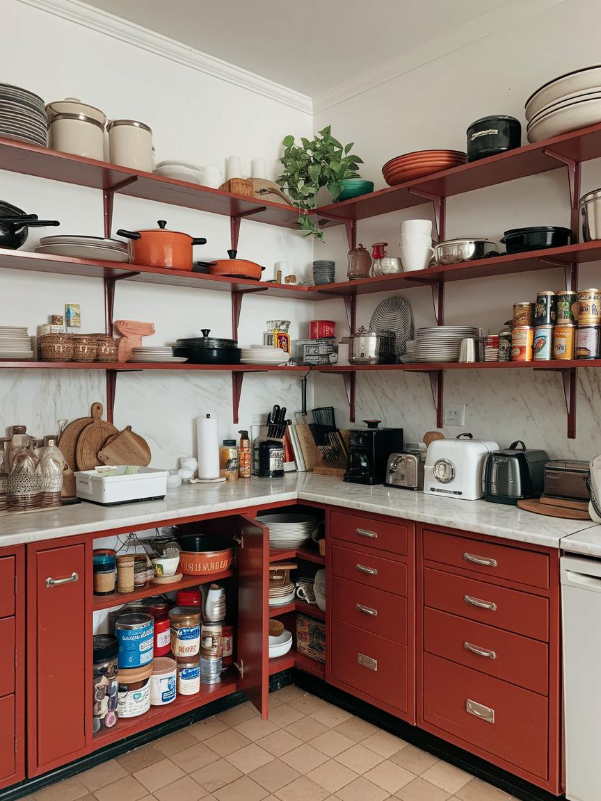 Red Cabinets with Open Shelving