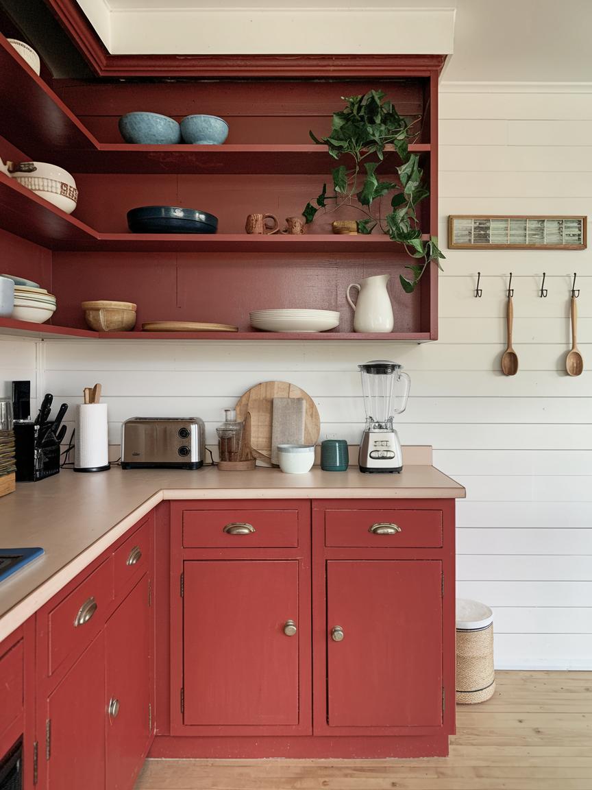 Red Cabinets with Open Shelving