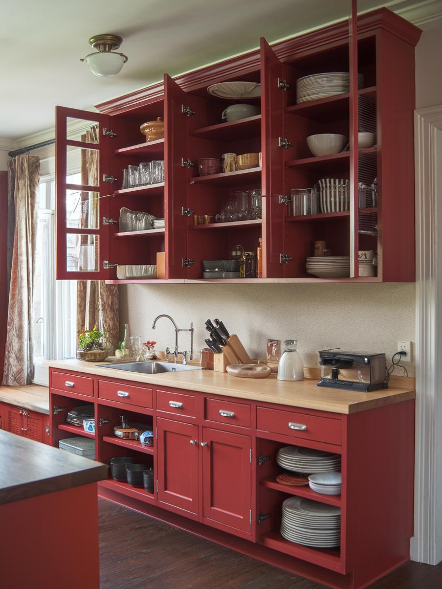 Red Cabinets with Open Shelving