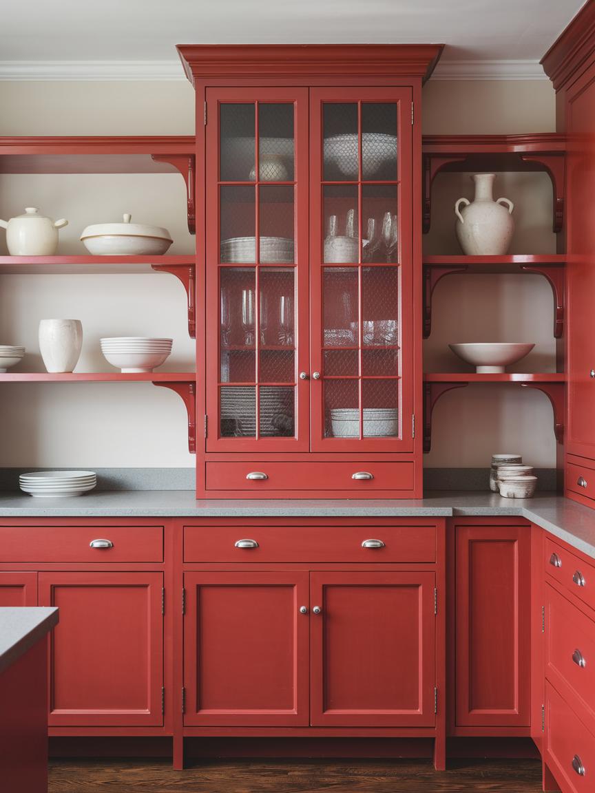 Red Cabinets with Open Shelving