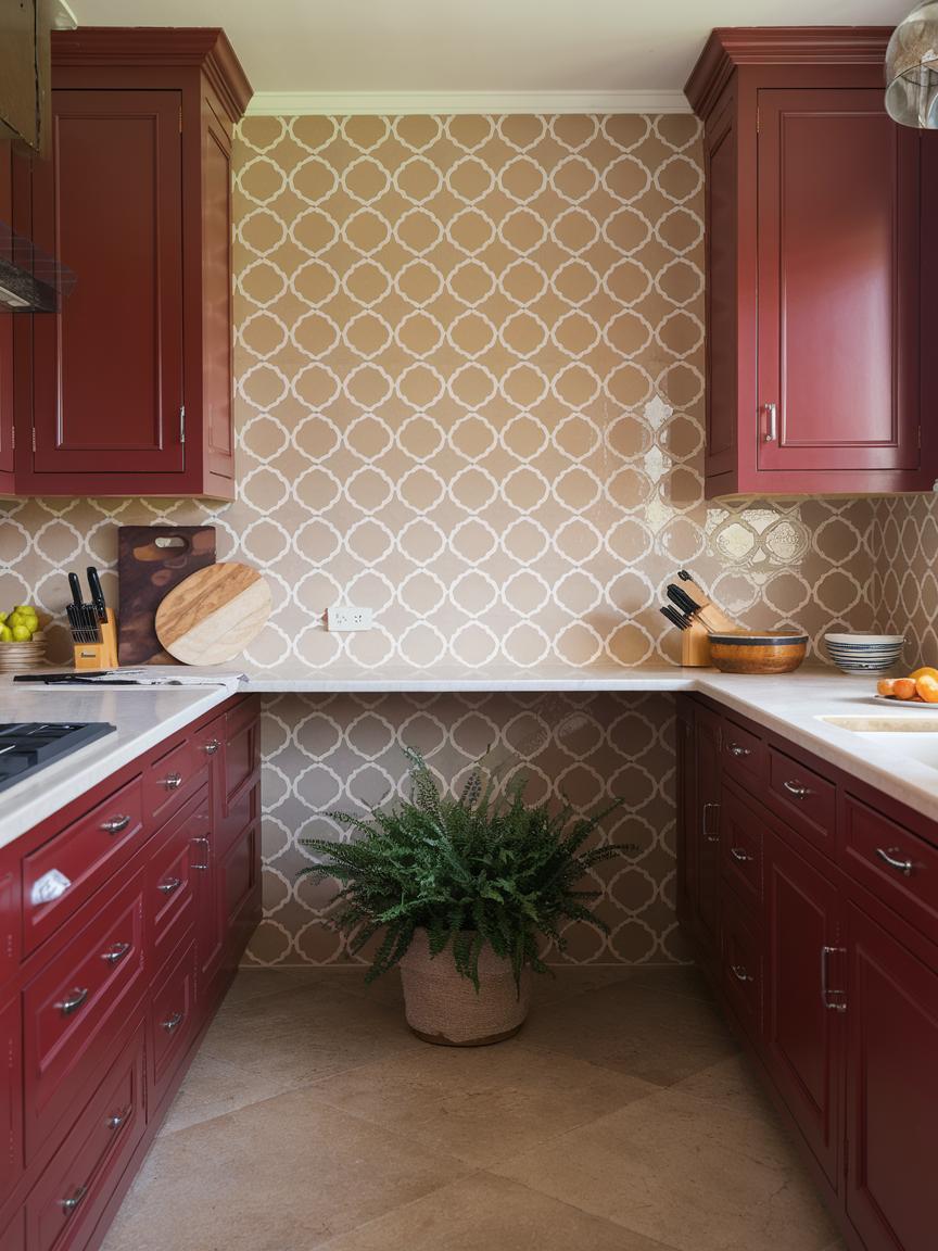 Red Cabinets with Patterned Backsplash