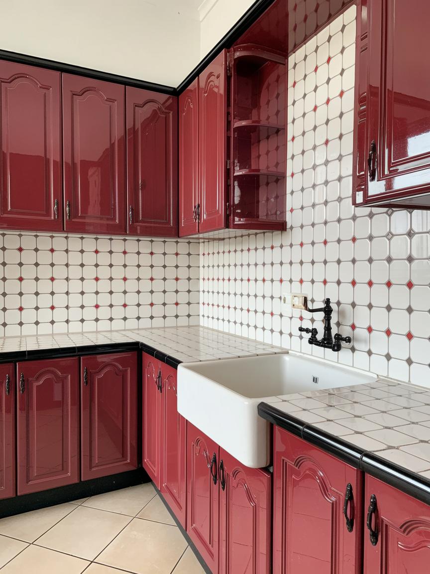 Red Cabinets with Patterned Backsplash