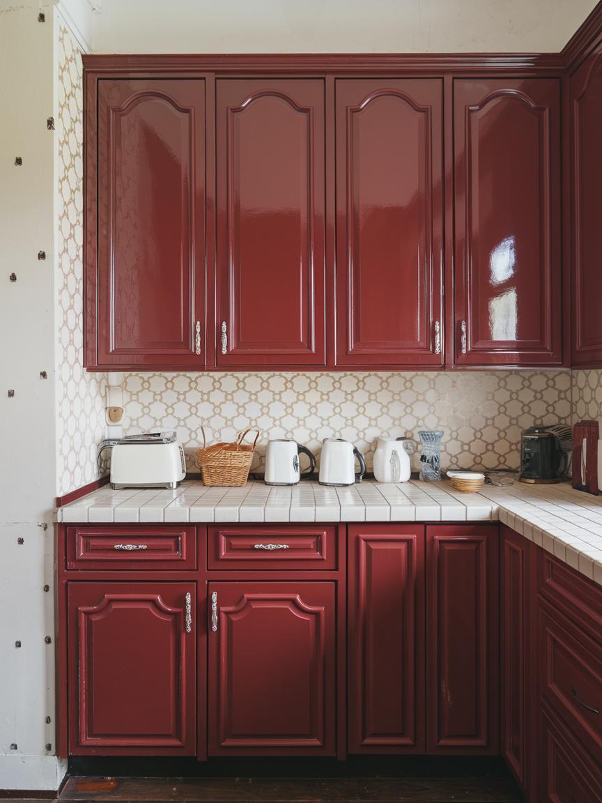 Red Cabinets with Patterned Backsplash