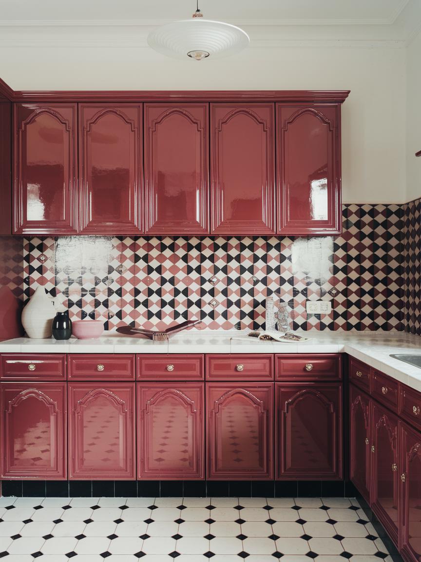 Red Cabinets with Patterned Backsplash