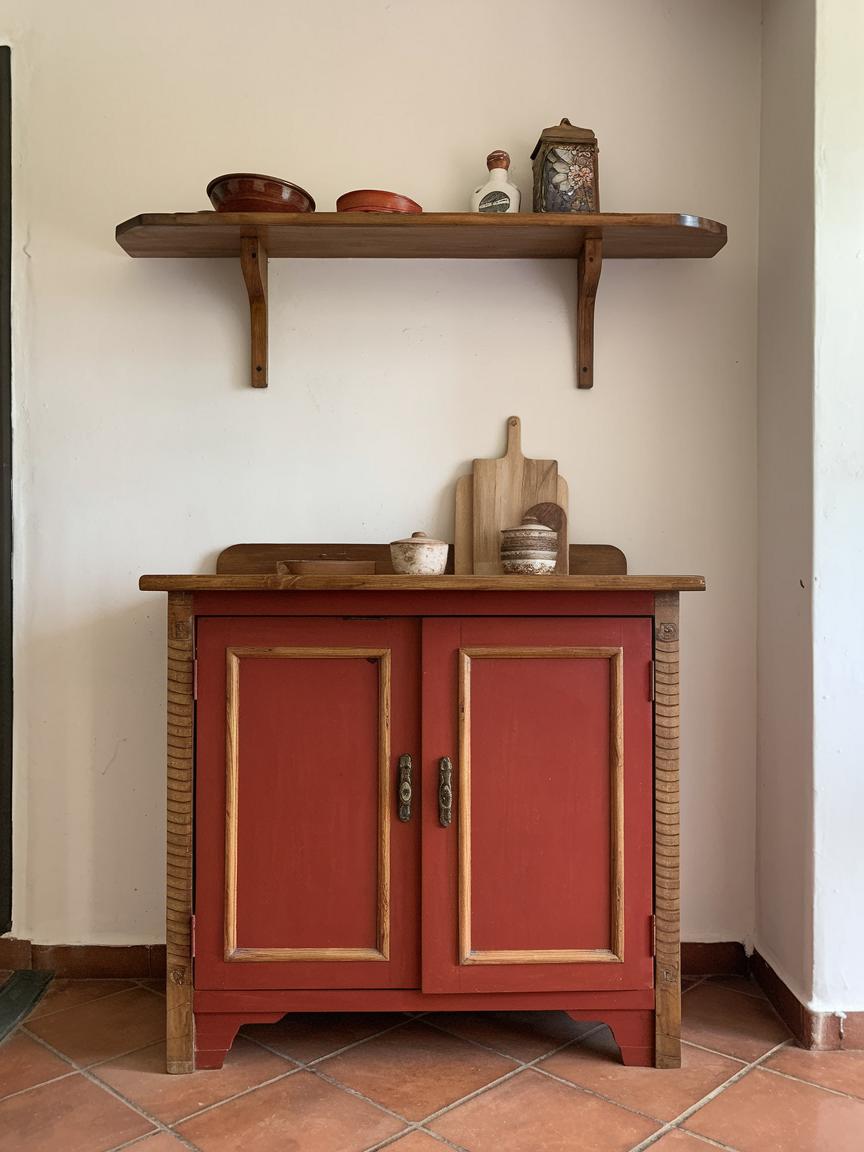 Red Cabinets with Wood Accents