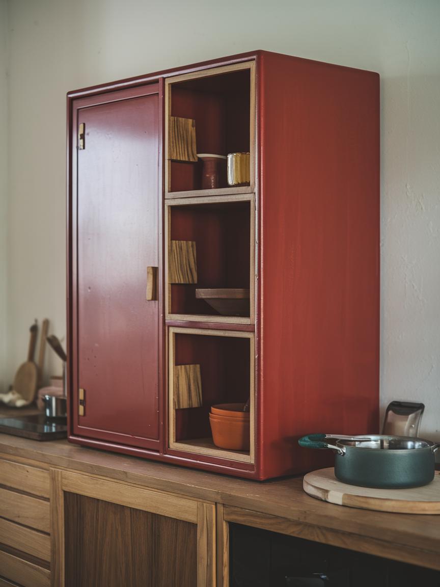 Red Cabinets with Wood Accents
