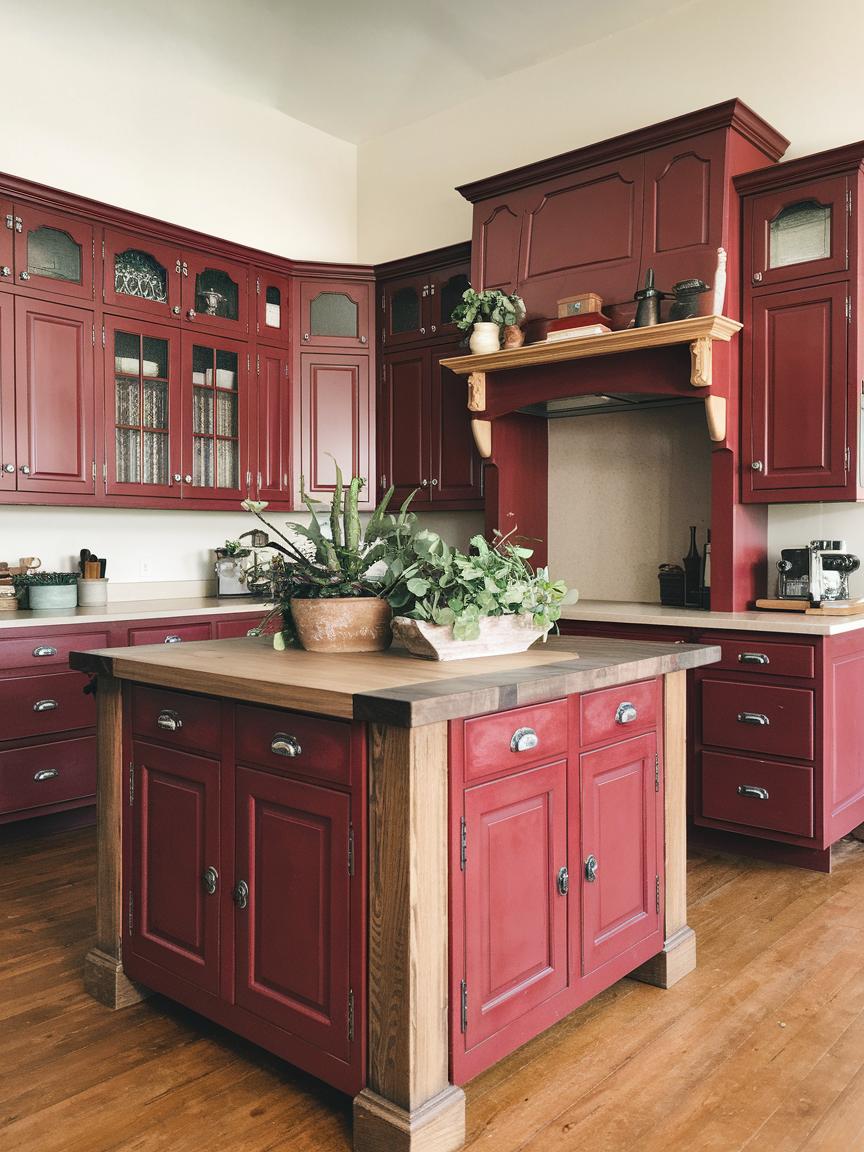 Red Cabinets with Wood Accents