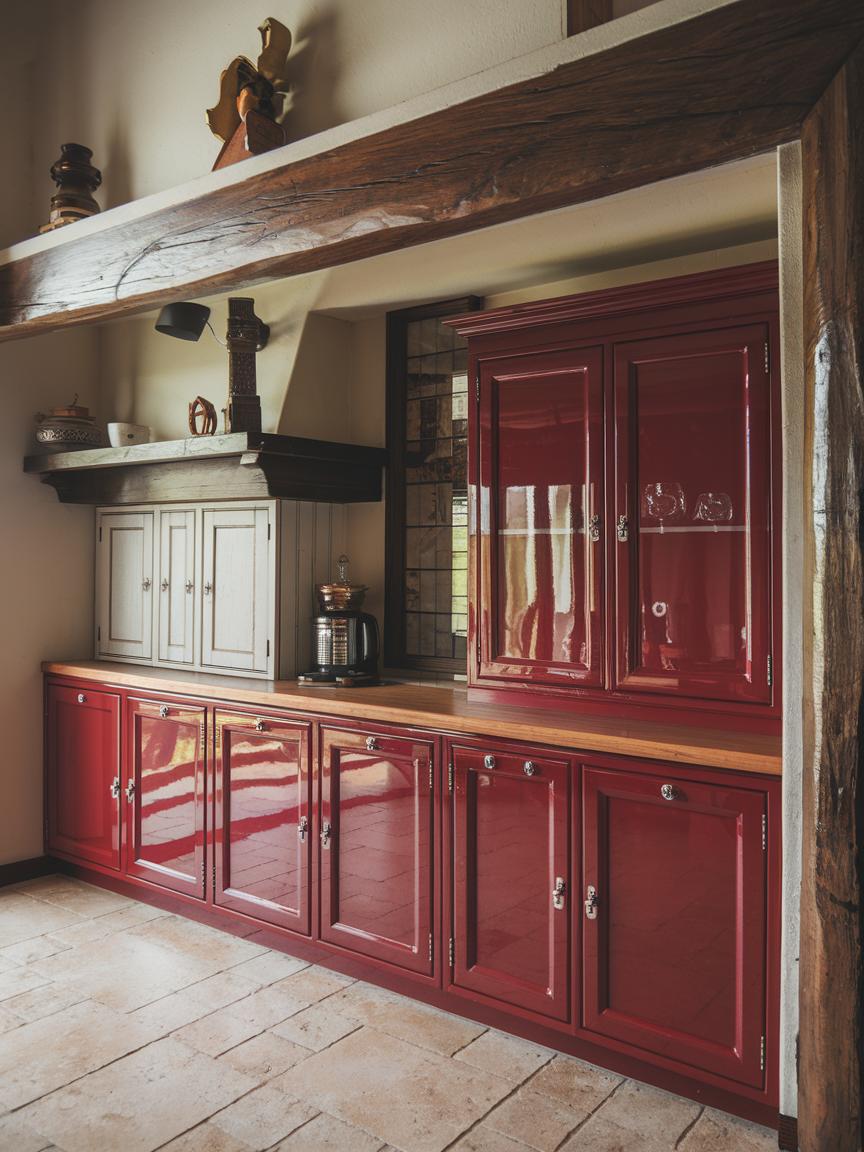 Red Cabinets with Wood Accents